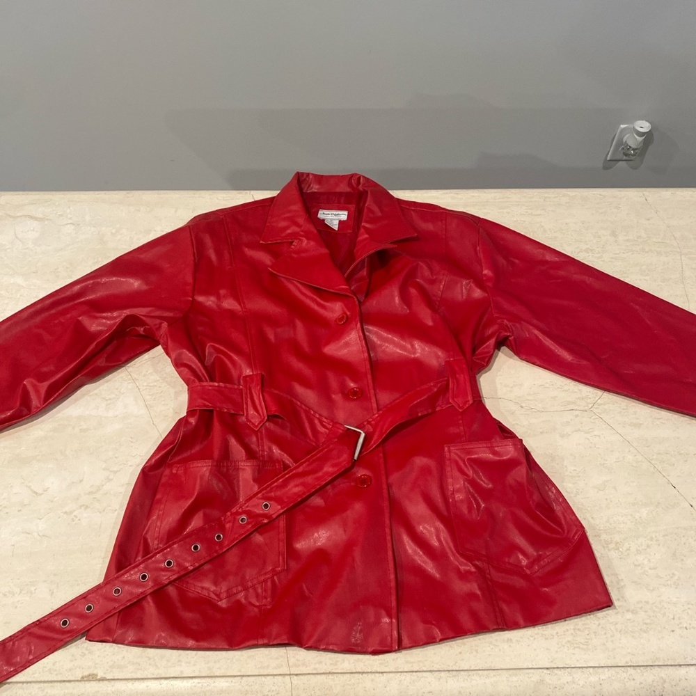 Red leather trench coat